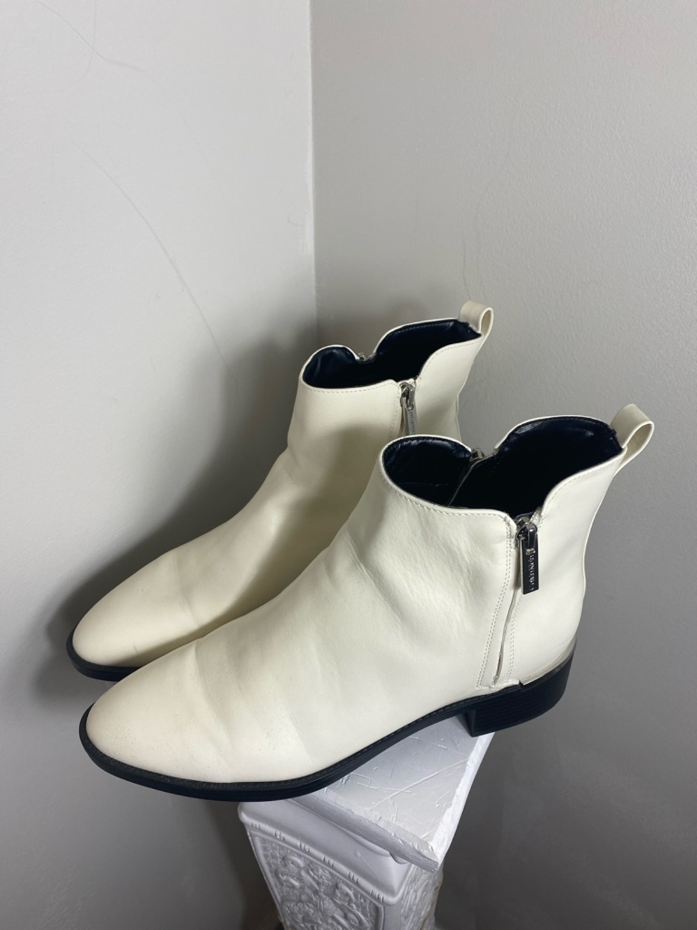 Calvin Klein Winter White Faux Leather Ankle Zip Booties